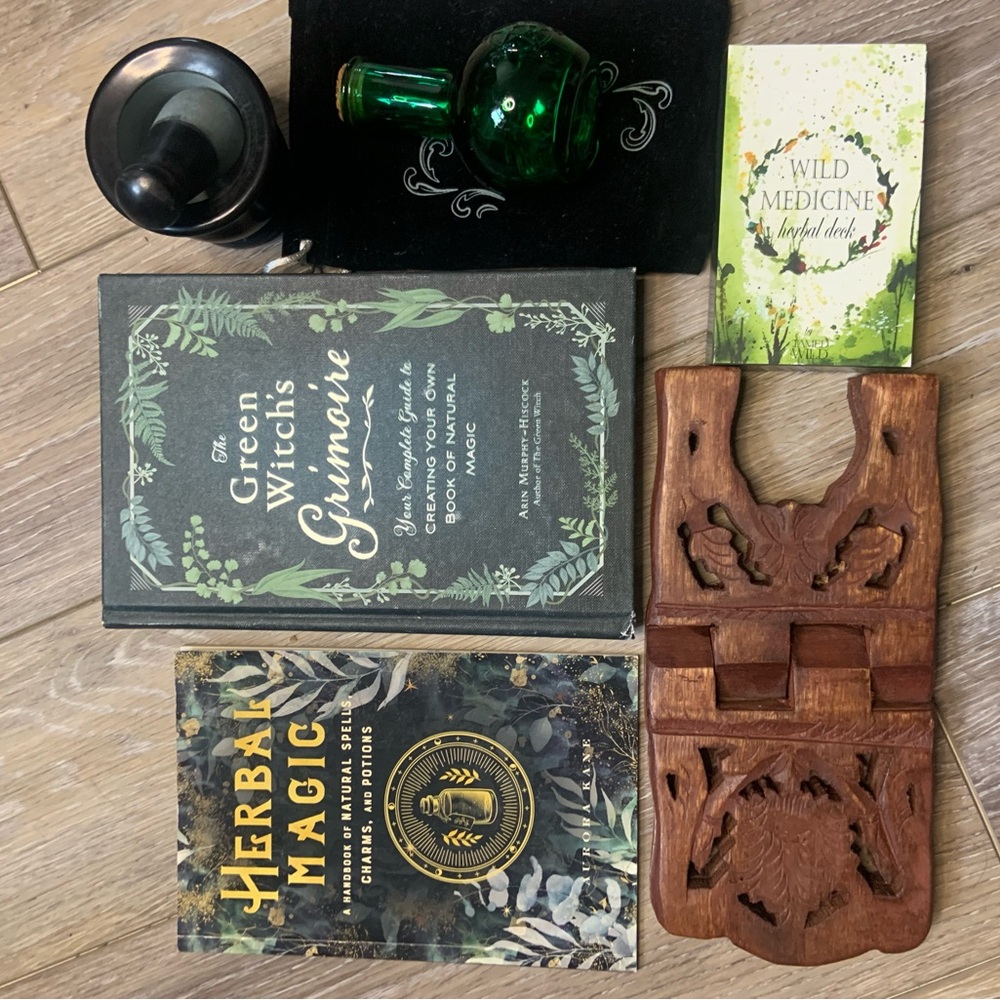 Green Witch's altar bundle Grimoire with Wooden Book Stand and more